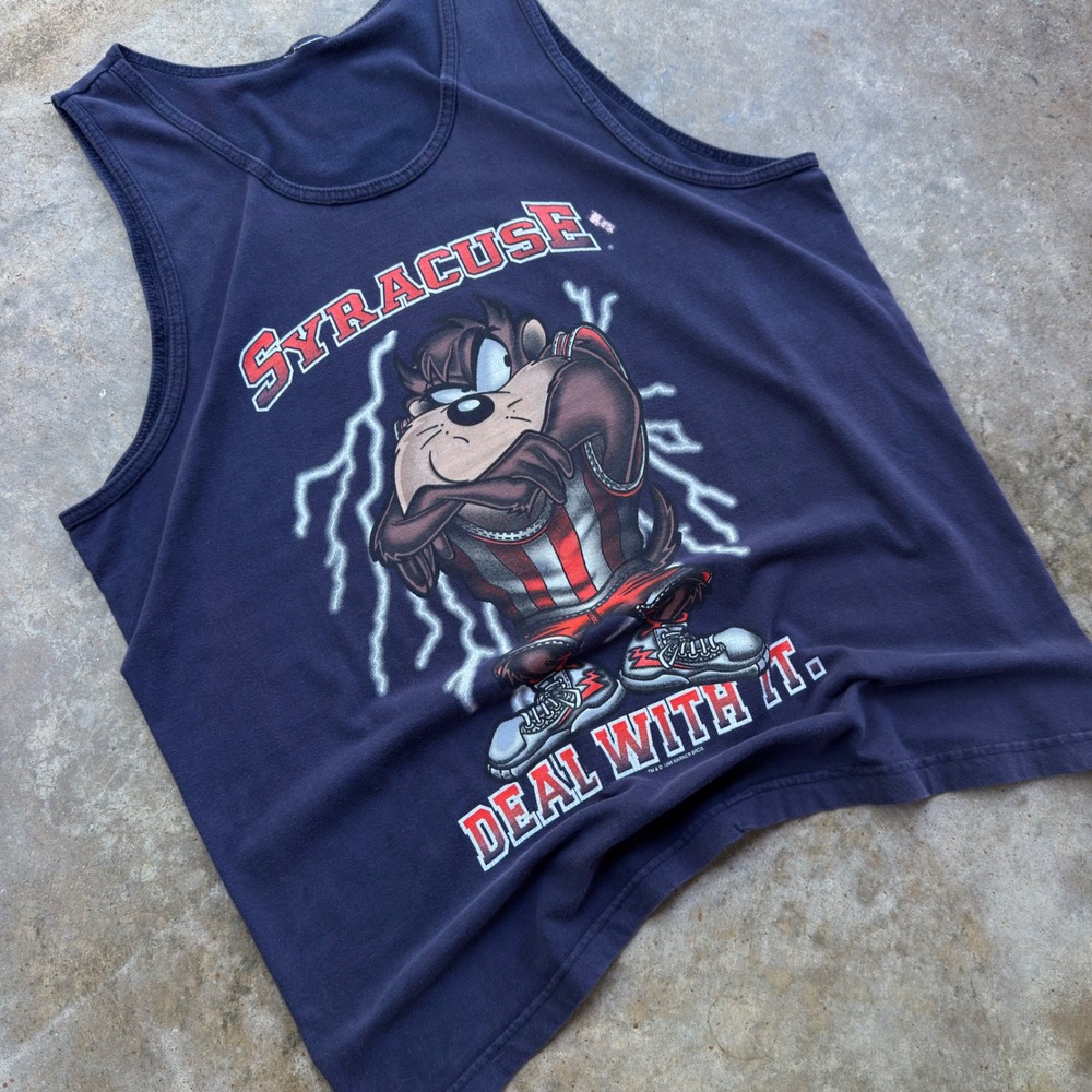 Vintage 90s Warner Bros Syracuse Taz Tank Top College Looney Tunes Navy XL f1